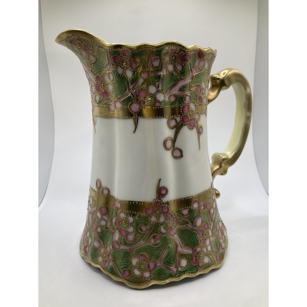 Antique Nippon Hand Painted Moriage Floral Pitcher Gold Gilt Porcelain Cottage